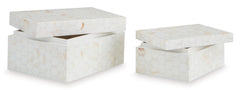 Cream Hexagon-Mosaic Decorative Boxes — Set of 2, two boxes with lids lifted - 2