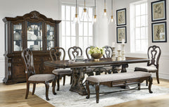 Dark Brown / Table + 6 Side Chairs + Storage Bench, product view 1; includes table + 6 side chairs + storage bench; cabinets and accessories excluded - 48