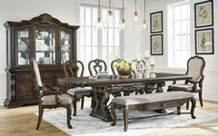 Dark Brown / Table + 4 Side Chairs + 2 Armchairs + Storage Bench, product view 1; includes table + 4 side chairs + 2 armchairs + storage bench; cabinets and accessories excluded - 50