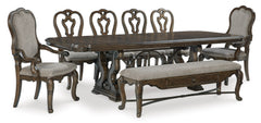 Dark Brown / Table + 4 Side Chairs + 2 Armchairs + Storage Bench, product view 2; includes table + 4 side chairs + 2 armchairs + storage bench; cabinets and accessories excluded - 51