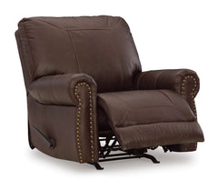 Dark Brown Leather and Faux Leather Seating, rocker recliner reclined angle - 12