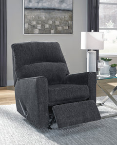 Dark Gray rocker recliner, reclined in room; accessories not included - 38