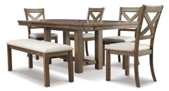 Grayish Brown / Table + 4 Chairs + Bench, product view 1; included: 1 table; 4 matching chairs; 1 bench; all other furniture and accessories excluded - 19