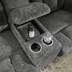 Graphite Fabric Reclining Seating, loveseat cup holders and concealed storage detail - 16