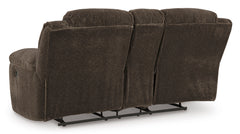 Chocolate Fabric Reclining Seating, console loveseat back view - 26