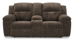 Chocolate Fabric Reclining Seating, console loveseat front view - 27