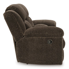 Chocolate Fabric Reclining Seating, console loveseat side view - 28