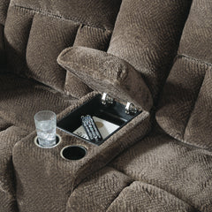 Chocolate Fabric Reclining Seating, loveseat cup holders and concealed storage detail - 34