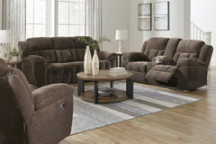 Chocolate Fabric Reclining Seating, three-piece seating; tables and decor excluded - 36