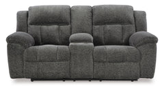 Graphite Fabric Reclining Seating, console loveseat front view - 9