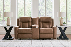 Caramel Faux Leather Reclining Seating, console loveseat room view; accessories not included - 10