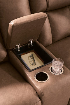 Caramel Faux Leather Reclining Seating, loveseat cup holders and storage detail - 16