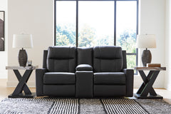 Carbon Faux Leather Reclining Seating, console loveseat room view; accessories not included - 30
