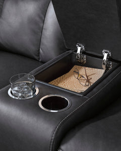 Carbon Faux Leather Reclining Seating, loveseat cup holders and storage detail - 36