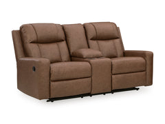 Caramel Faux Leather Reclining Seating, console loveseat upright angle - 6