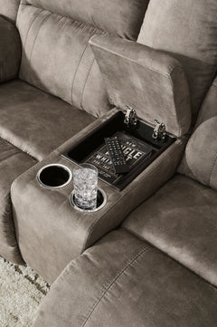 Fossil Wide Faux Leather Reclining Seating, loveseat cup holders and concealed storage detail - 16