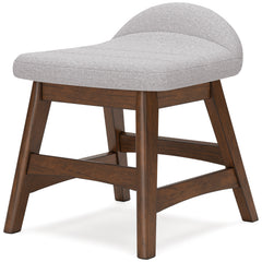 Light gray upholstered desk chair with brown hardwood frame — front angle - 1