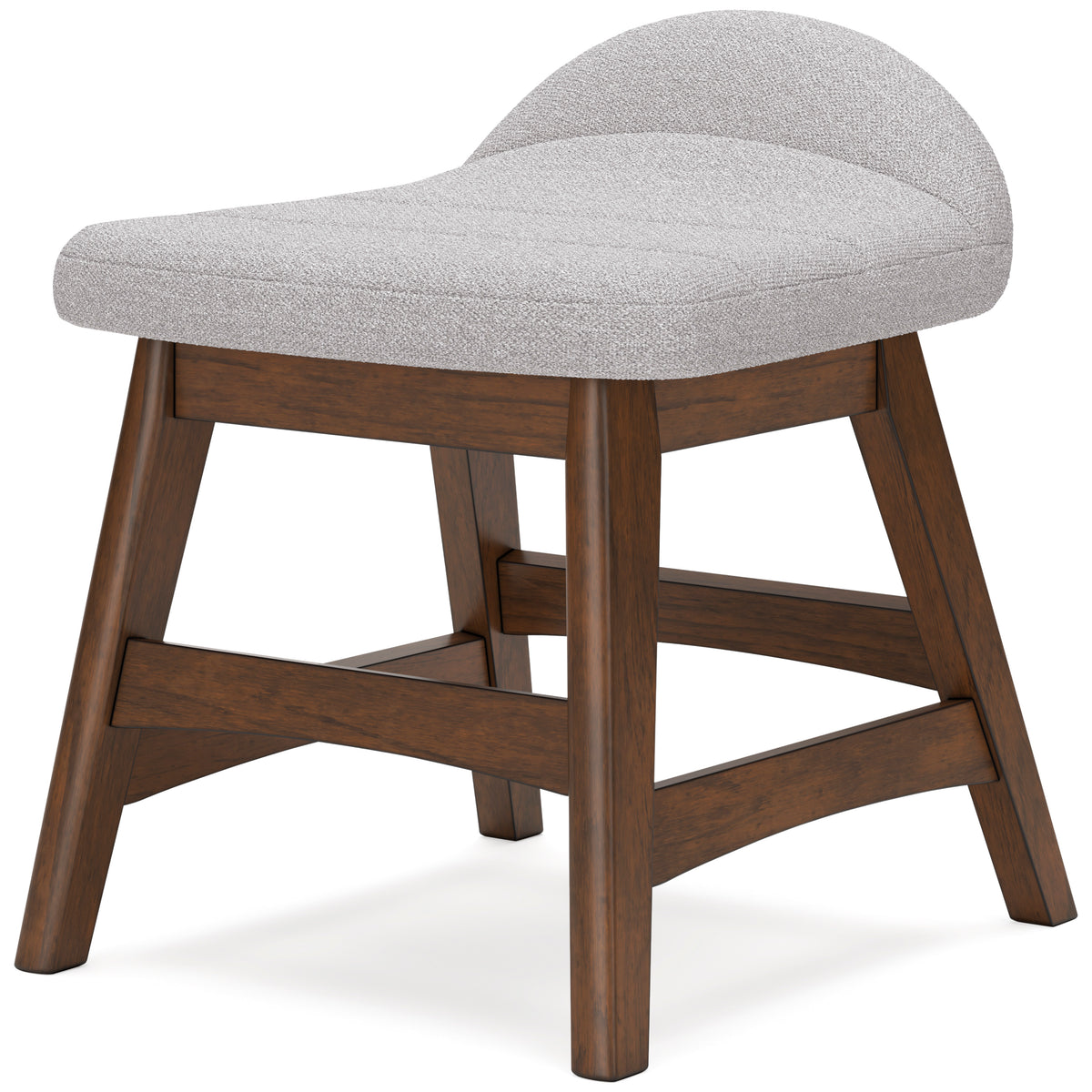 Light gray upholstered desk chair with brown hardwood frame — front angle