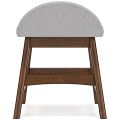 Light gray upholstered desk chair with brown hardwood frame — rear view - 3