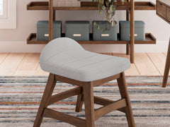 Light gray upholstered desk chair with brown hardwood frame — upholstery and frame detail - 4