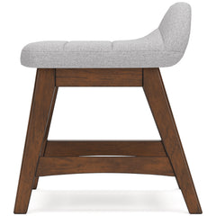 Light gray upholstered desk chair with brown hardwood frame — side view - 6