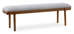 Gray and brown upholstered dining bench, front angle - 1