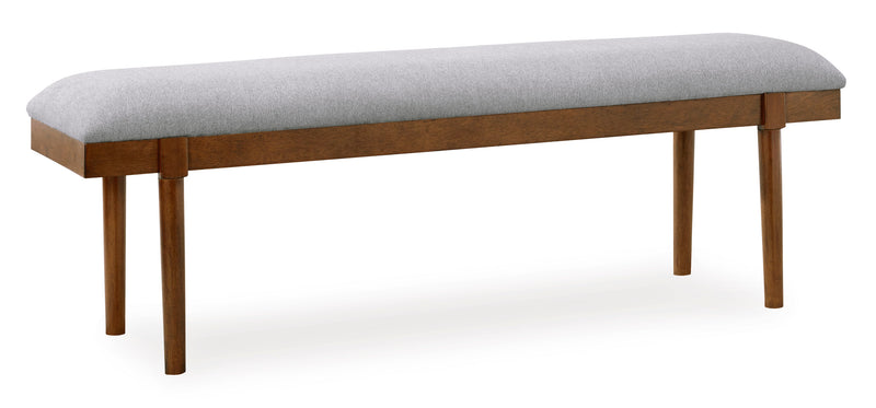 59-Inch Gray Upholstered Dining Bench with Brown Wood Legs