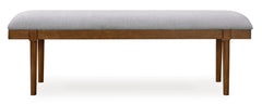 Gray and brown upholstered dining bench, front view - 2