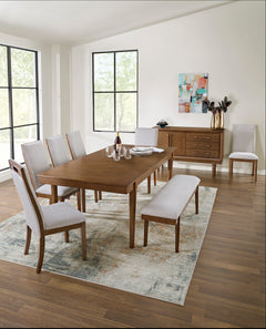 Gray and brown upholstered dining bench, styled dining room with other furniture sold separately - 3