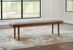 Gray and brown upholstered dining bench, styled bench by a window - 5