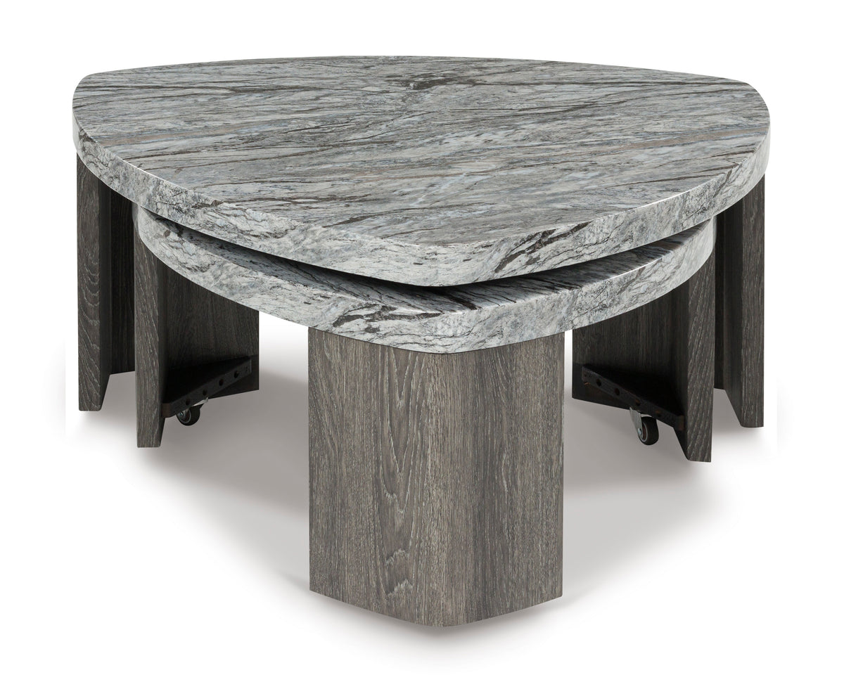 Gray Faux Marble Coffee Table with Pivoting Lower Table, nested position; accessories excluded