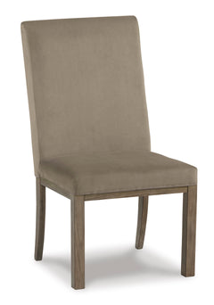 Gray/Brown Dining Chairs, angle view; sold as a matching pair; tables, additional chairs and accessories excluded - 1