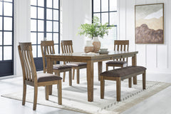Light Brown / Table + 4 Chairs + Bench, product view 2; includes table + 4 chairs + bench; other furniture and accessories excluded - 24