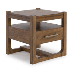 Light Brown End Table with Storage Drawer and Open Shelf, closed angle view - 1