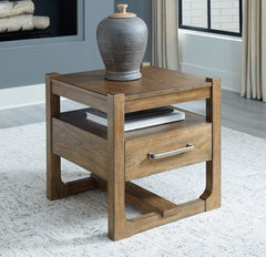 Light Brown End Table with Storage Drawer and Open Shelf, room setting; accessories not included - 2