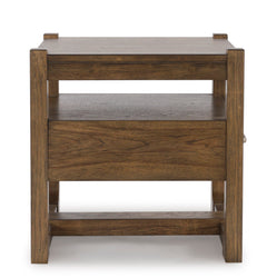 Light Brown End Table with Storage Drawer and Open Shelf, side view - 8