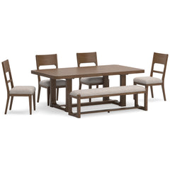 Oatmeal / Light Brown / Table + 4 Chairs + Bench, product view 1; included: 1 table; 4 matching chairs; 1 bench; all other furniture and accessories excluded - 38