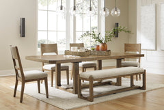 Oatmeal / Light Brown / Table + 4 Chairs + Bench, product view 2; included: 1 table; 4 matching chairs; 1 bench; all other furniture and accessories excluded - 39