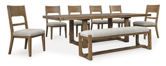 Oatmeal / Light Brown / Table + 6 Chairs + Bench, product view 1; included: 1 table; 6 matching chairs; 1 bench; all other furniture and accessories excluded - 40