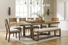 Oatmeal / Light Brown / Table + 6 Chairs + Bench, product view 2; included: 1 table; 6 matching chairs; 1 bench; all other furniture and accessories excluded - 41