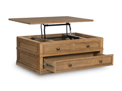 Light Brown Lift-Top Coffee Table with Drawer and Casters, open angle view; accessories excluded - 2