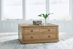 Light Brown Lift-Top Coffee Table with Drawer and Casters, closed room setting; accessories excluded - 5
