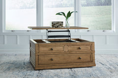 Light Brown Lift-Top Coffee Table with Drawer and Casters, open room setting; accessories excluded - 7