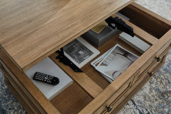 Light Brown Lift-Top Coffee Table with Drawer and Casters, interior storage detail; accessories excluded - 9