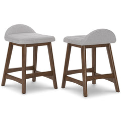 light gray and brown upholstered counter stools, pair of two stools - 1