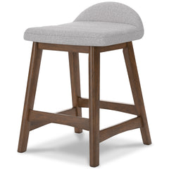 light gray and brown upholstered counter stools, single stool alternate angle - 2