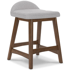 light gray and brown upholstered counter stools, single stool front angle - 3