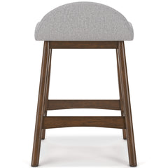 light gray and brown upholstered counter stools, single stool rear view - 4
