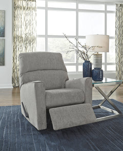 Light Gray rocker recliner, reclined in room; accessories not included - 46