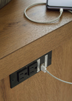 Light Oak Veneer Chairside Table with Dual USB Ports, power and USB detail - 3
